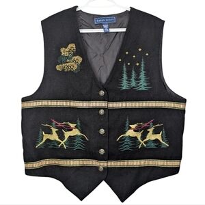 Karen Scott Christmas Vest XL Reindeer Pine Tree Embroidered Button Front